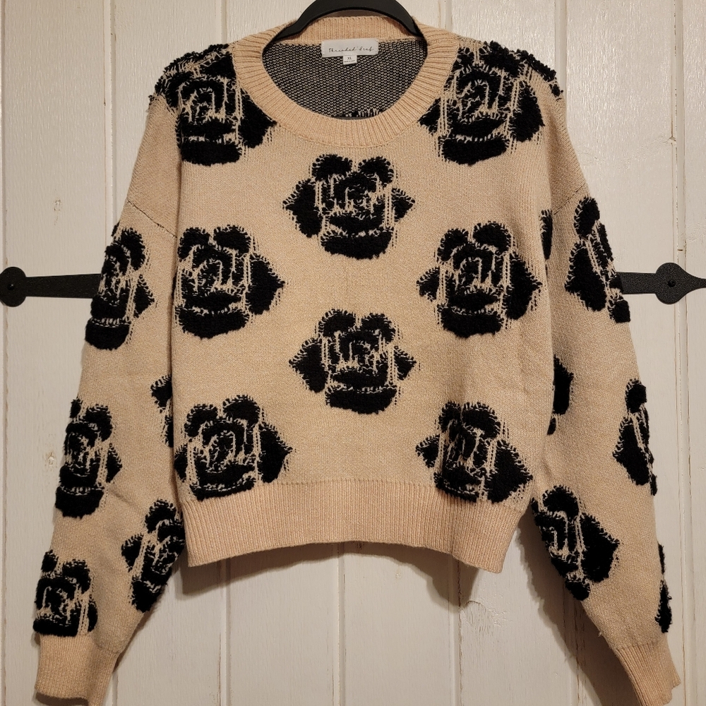 Threaded Leaf Womens Beige Black Sweater Knit Size XL
